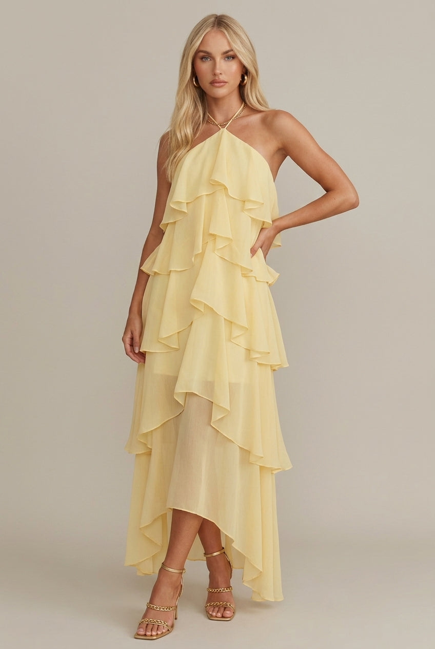 Damen Maxikleid Blumen Halter Gerüscht Etagen