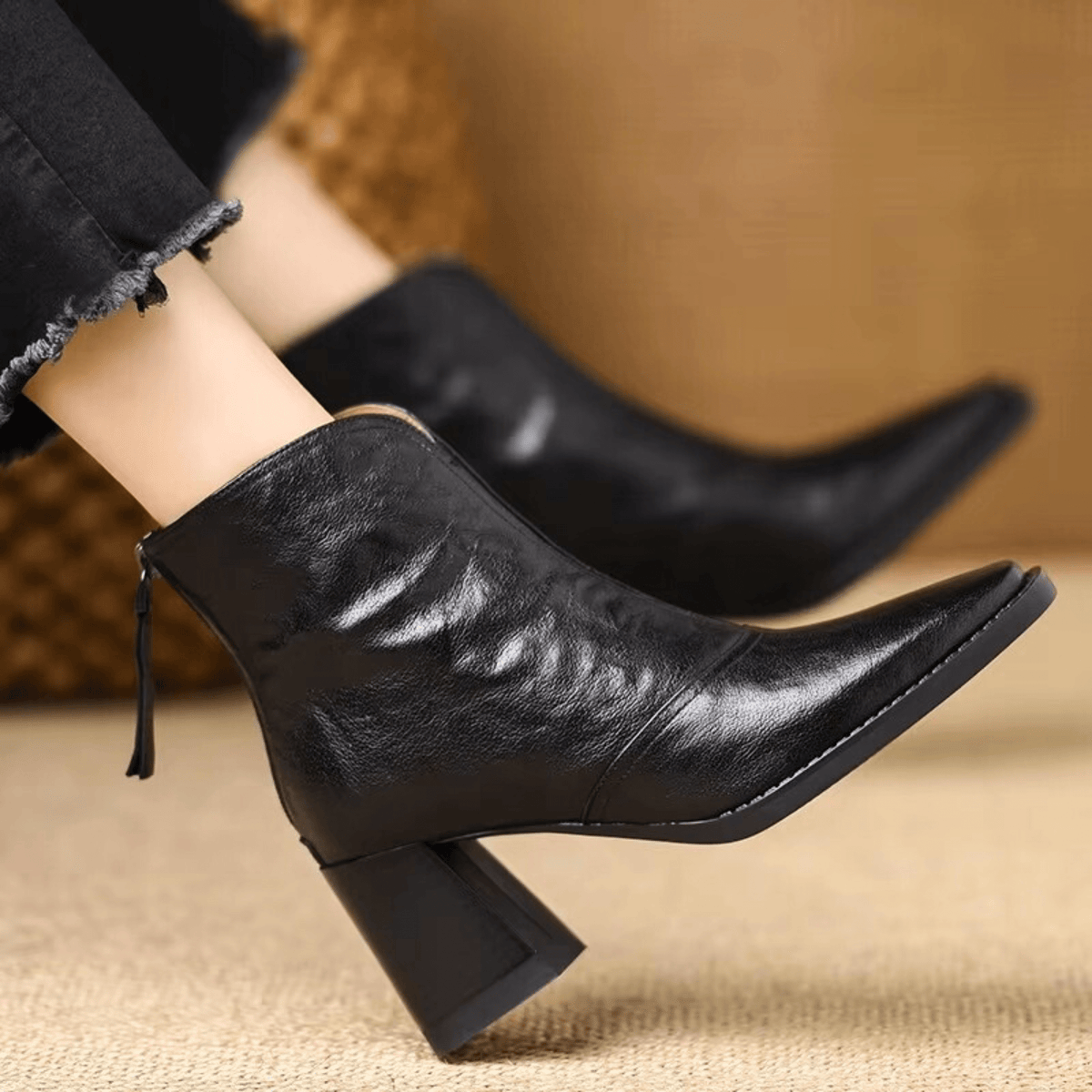 Damen Stiefeletten mit Blockabsatz und Rückenreißverschluss