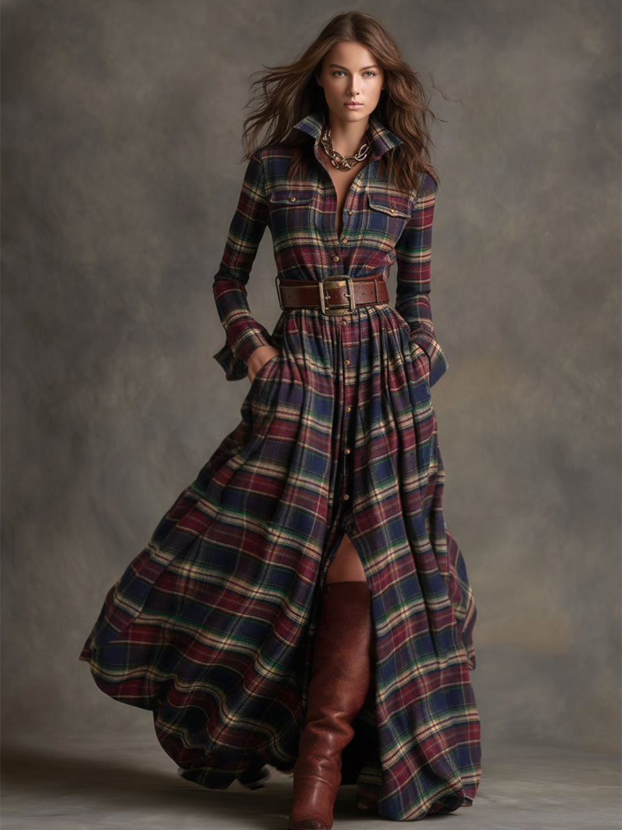 Damen Maxikleid mit Karomuster und Gürtel