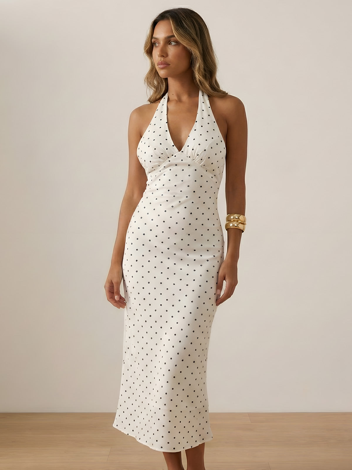 Damen Halterneck Midi Kleid mit V-Ausschnitt und Tupfen