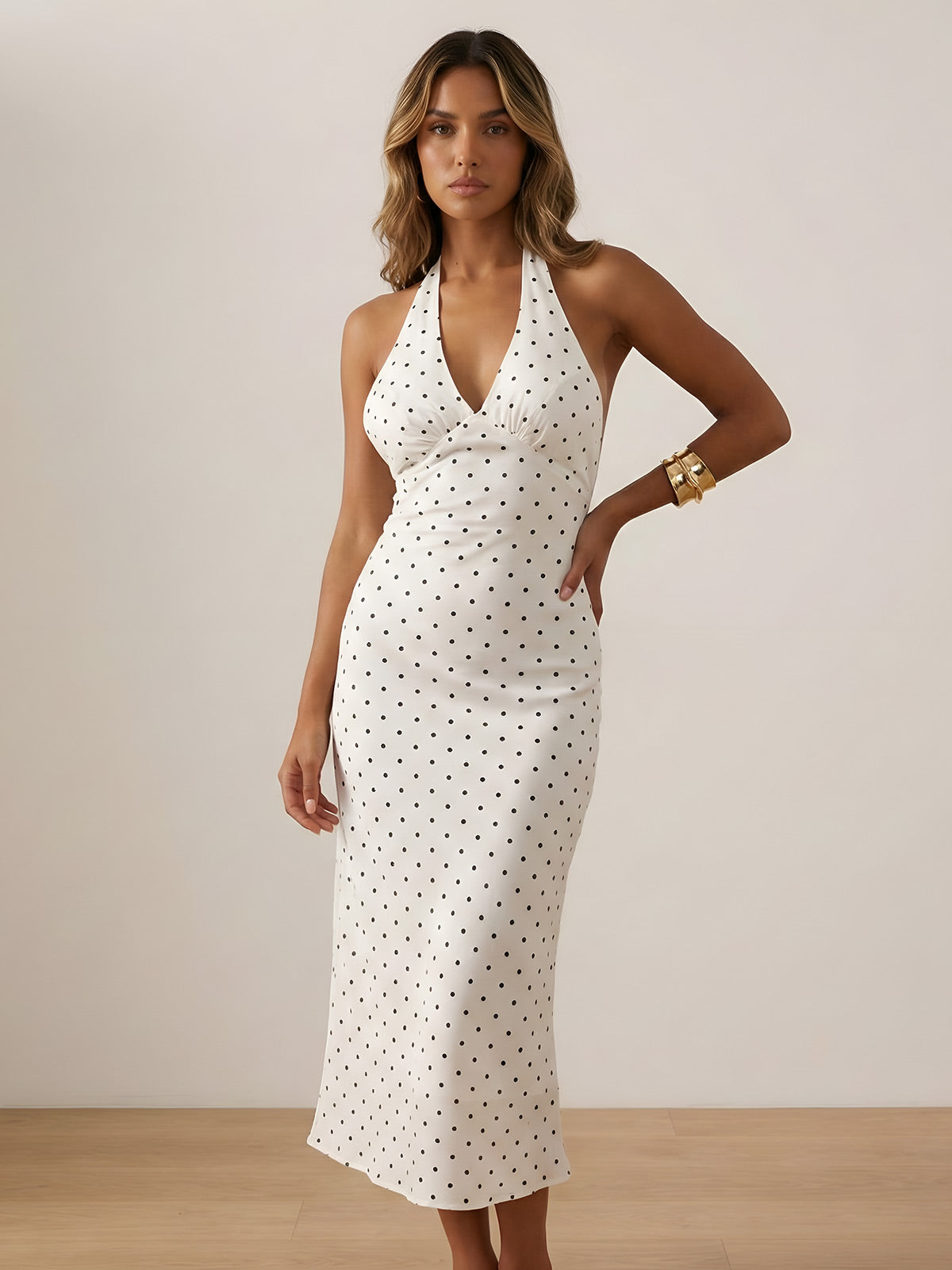 Damen Halterneck Midi Kleid mit V-Ausschnitt und Tupfen