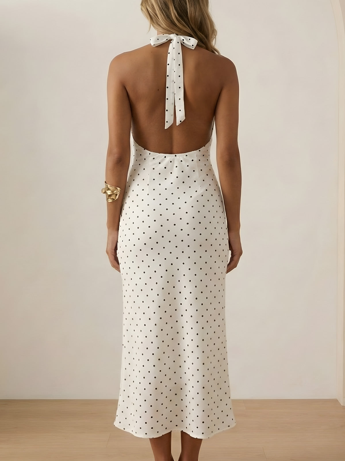 Damen Halterneck Midi Kleid mit V-Ausschnitt und Tupfen