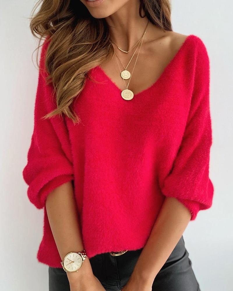 Damen Flauschpullover rot mit V-Ausschnitt