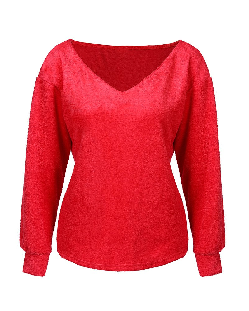 Damen Flauschpullover rot mit V-Ausschnitt