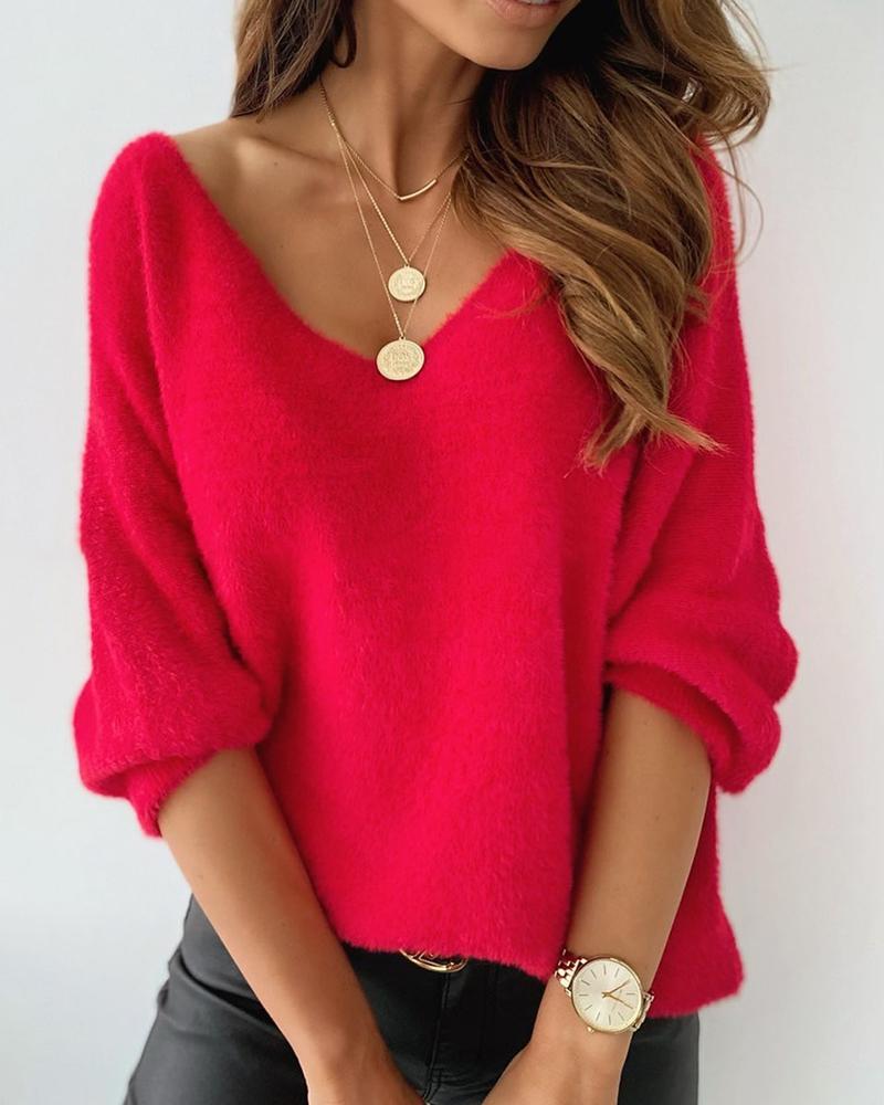 Damen Flauschpullover rot mit V-Ausschnitt