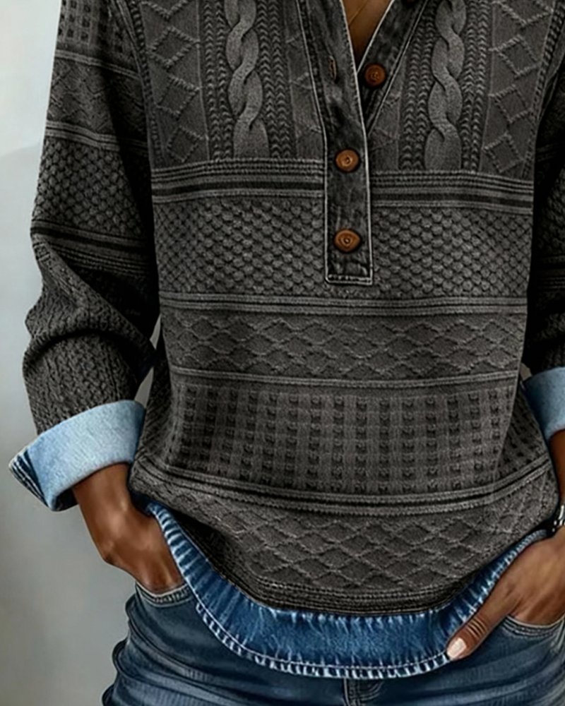 Damen Sweatshirt mit halber Knopfleiste und Kragen
