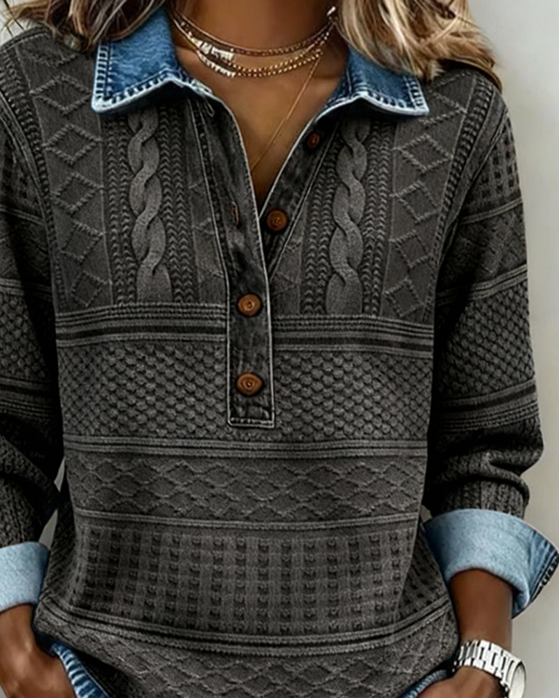 Damen Sweatshirt mit halber Knopfleiste und Kragen