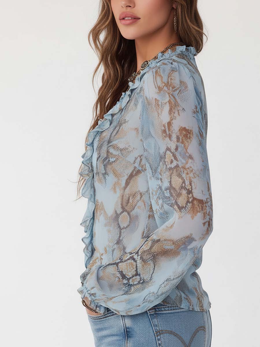 Damen Chiffonbluse mit Rüschen-V-Ausschnitt und Gold-Reißverschluss