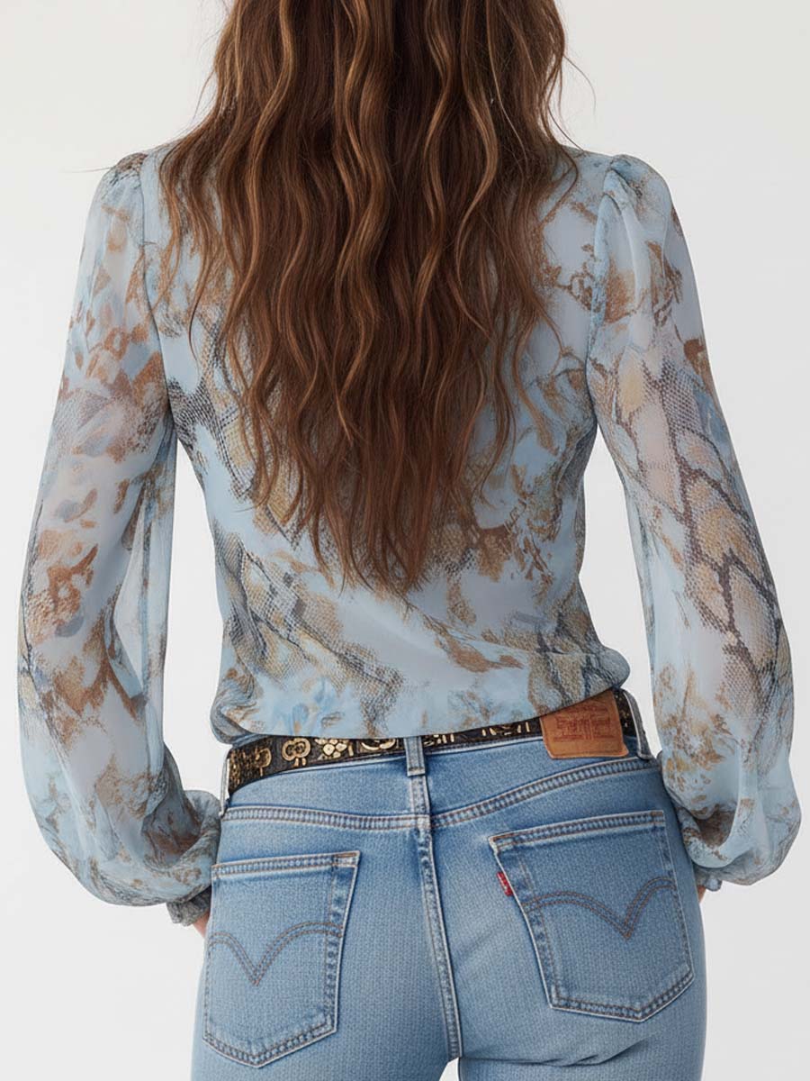 Damen Chiffonbluse mit Rüschen-V-Ausschnitt und Gold-Reißverschluss