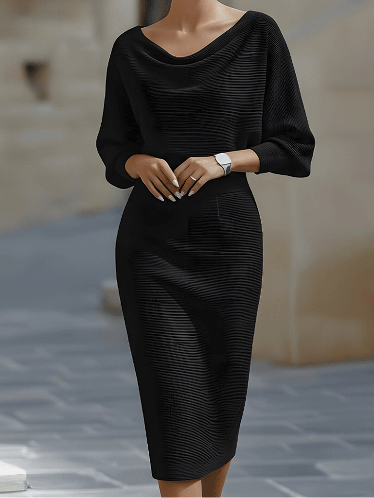Damen Midikleid mit Rundhalsausschnitt und Fledermausärmeln