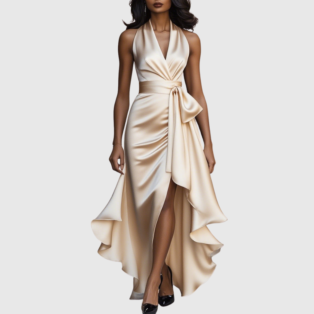 Damen Satin Wickel Maxikleid