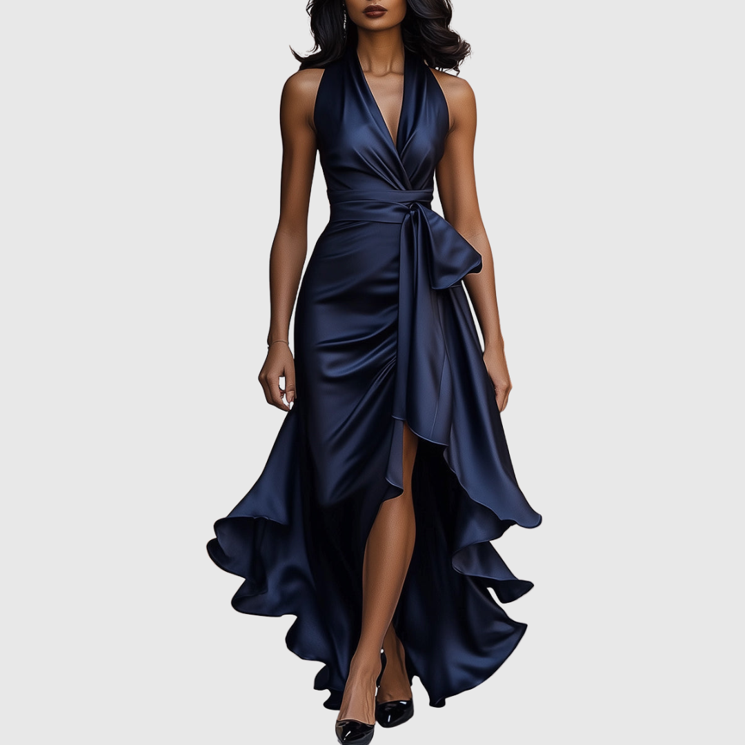 Damen Satin Wickel Maxikleid