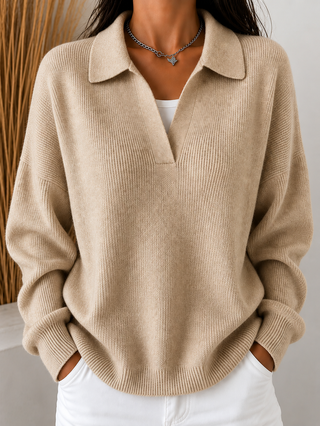Damen lockerer Strickpullover mit offenem Kragen