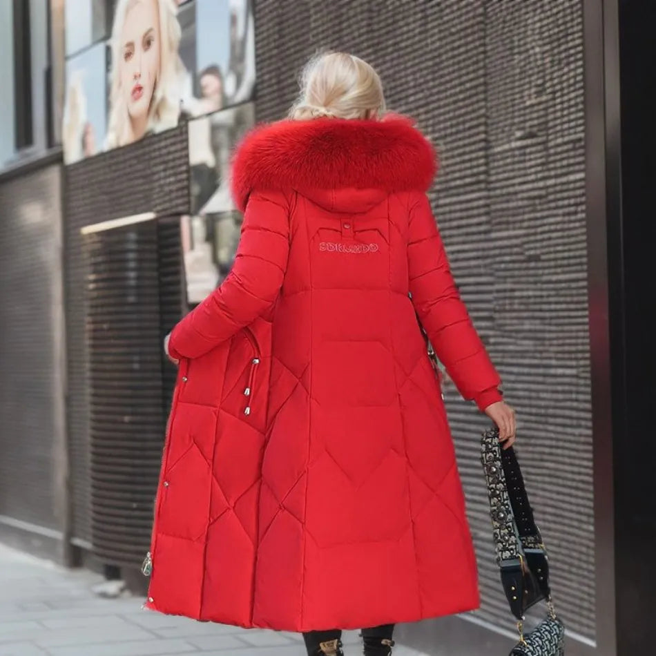 Damen langer Wintermantel mit Kapuze und Taschen