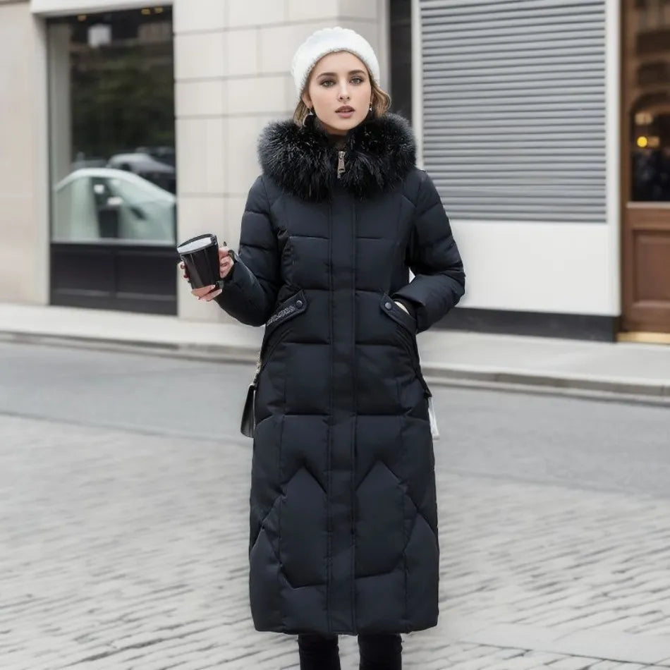 Damen langer Wintermantel mit Kapuze und Taschen