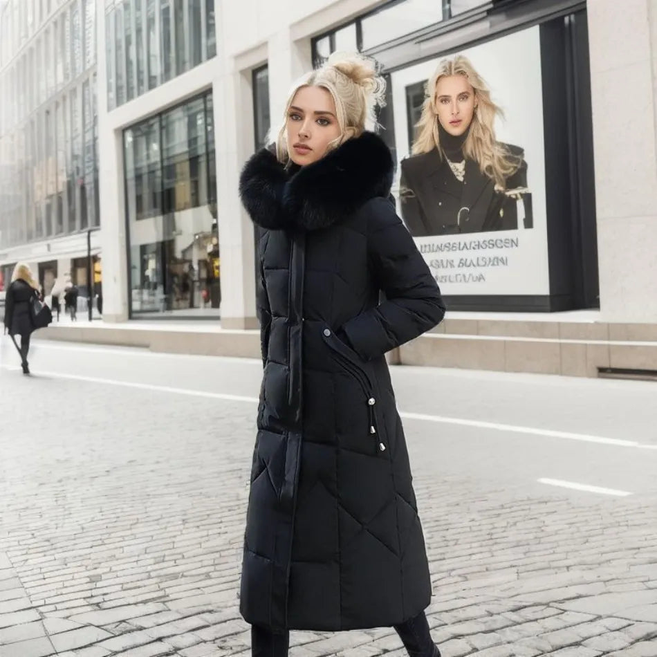 Damen langer Wintermantel mit Kapuze und Taschen