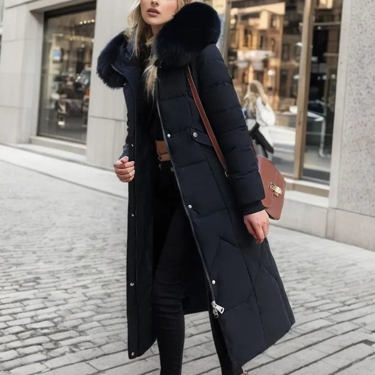 Damen langer Wintermantel mit Kapuze und Taschen