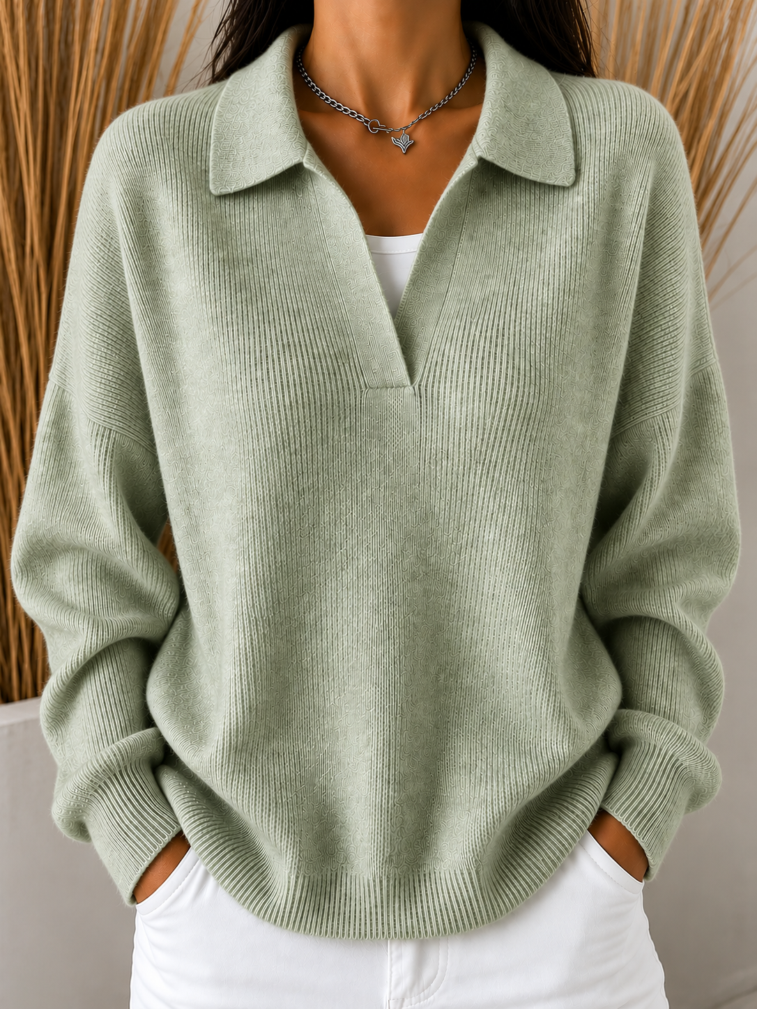 Damen lockerer Strickpullover mit offenem Kragen