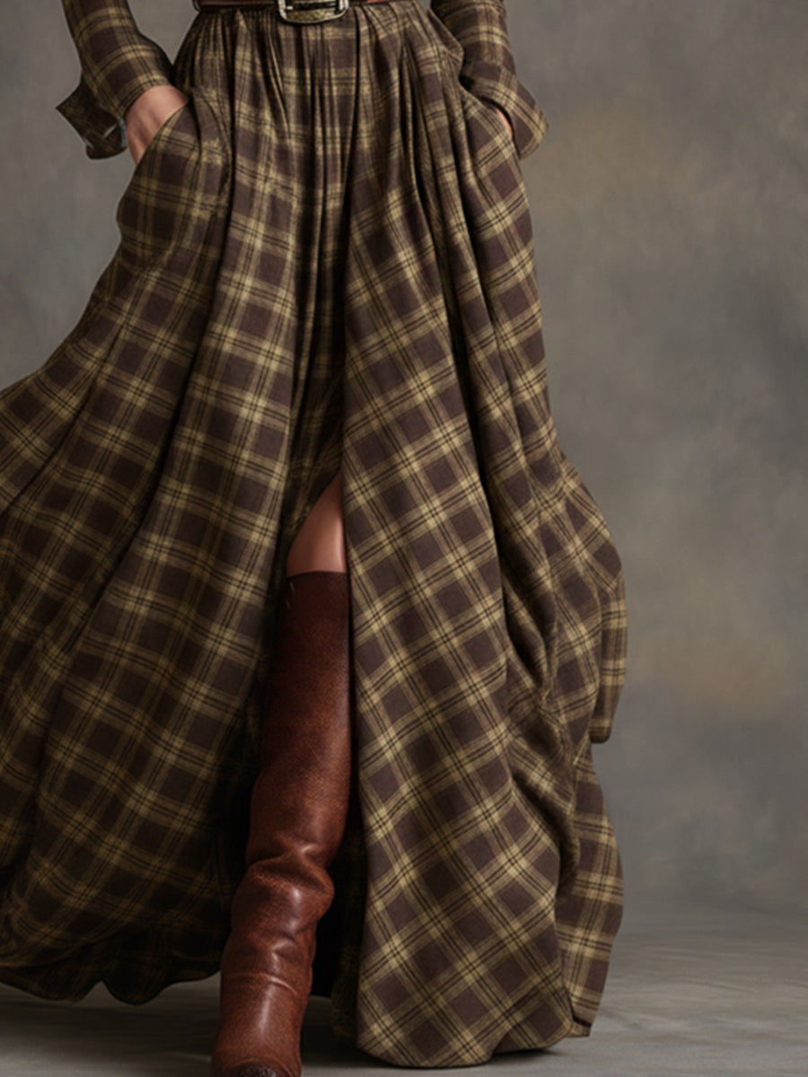 Damen Maxikleid mit Karomuster und Gürtel