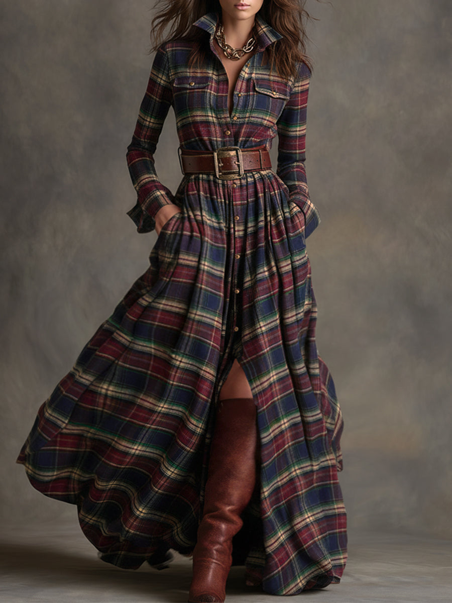 Damen Maxikleid mit Karomuster und Gürtel