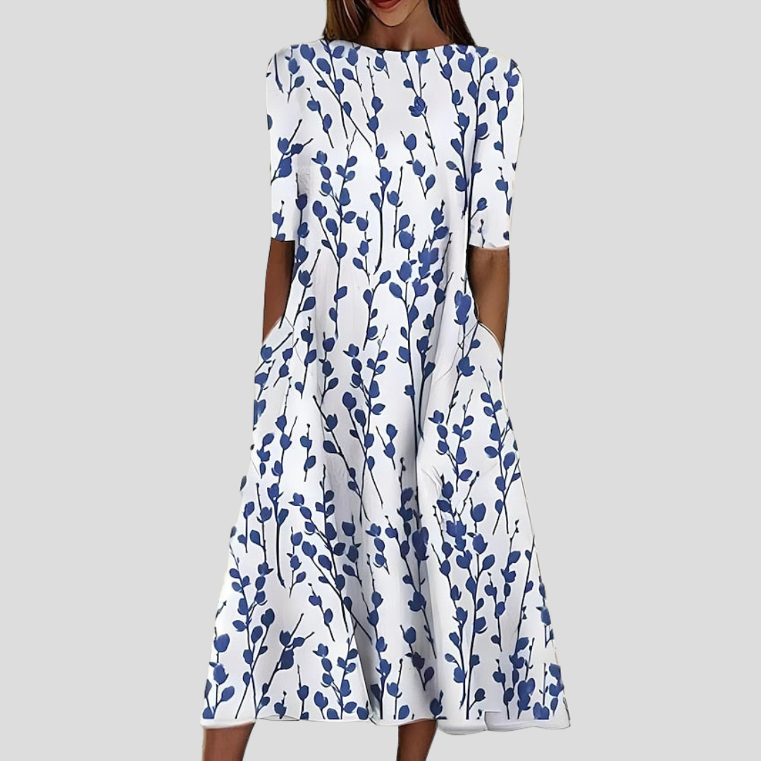 Damen Midikleid mit Küstenblumenmuster und kurzen Ärmeln