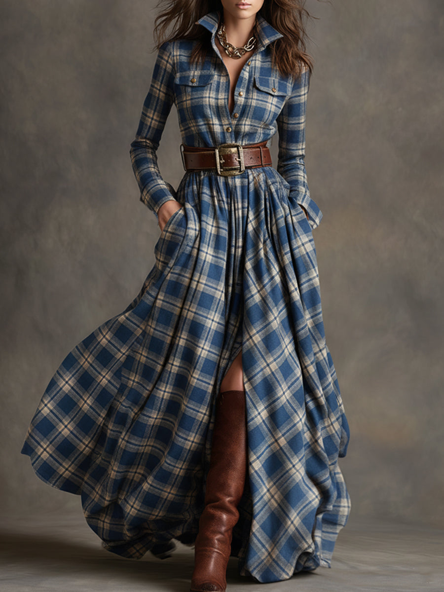 Damen Maxikleid mit Karomuster und Gürtel