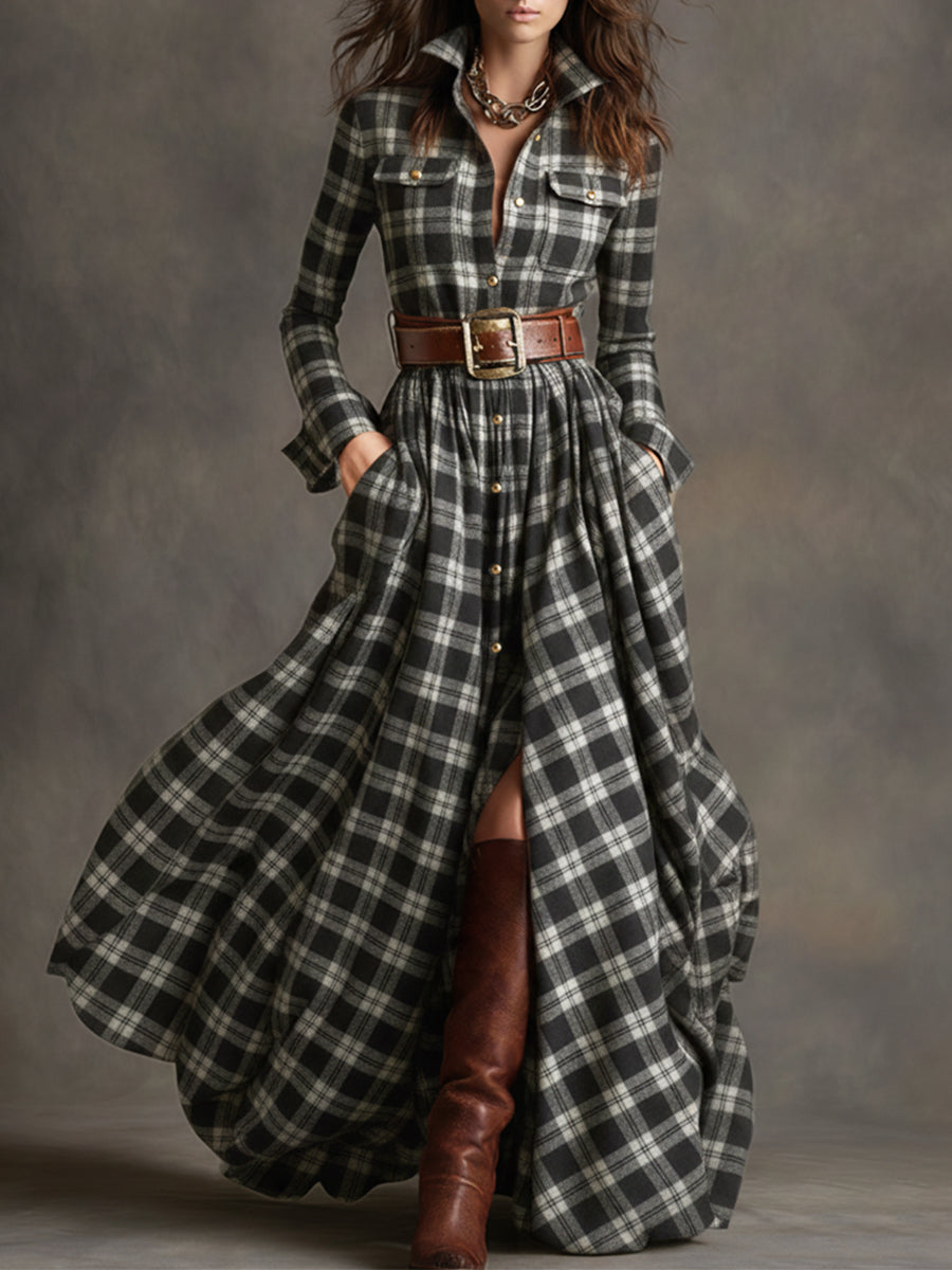 Damen Maxikleid mit Karomuster und Gürtel