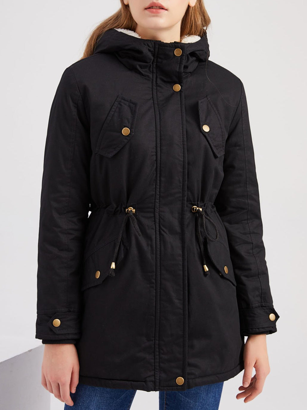 Damen Midiparka mit Kapuze und Frontreißverschluss