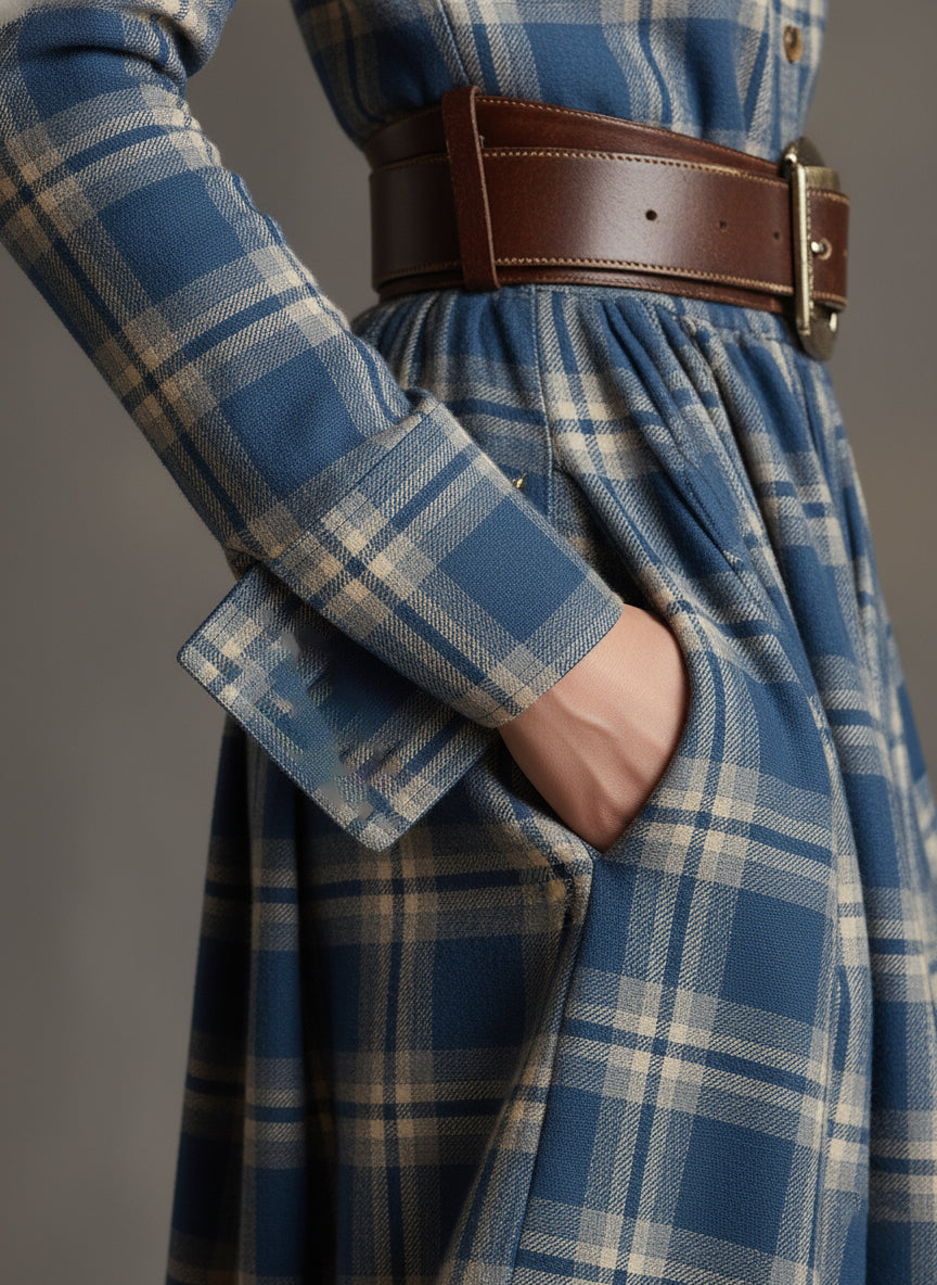 Damen Maxikleid mit Karomuster und Gürtel