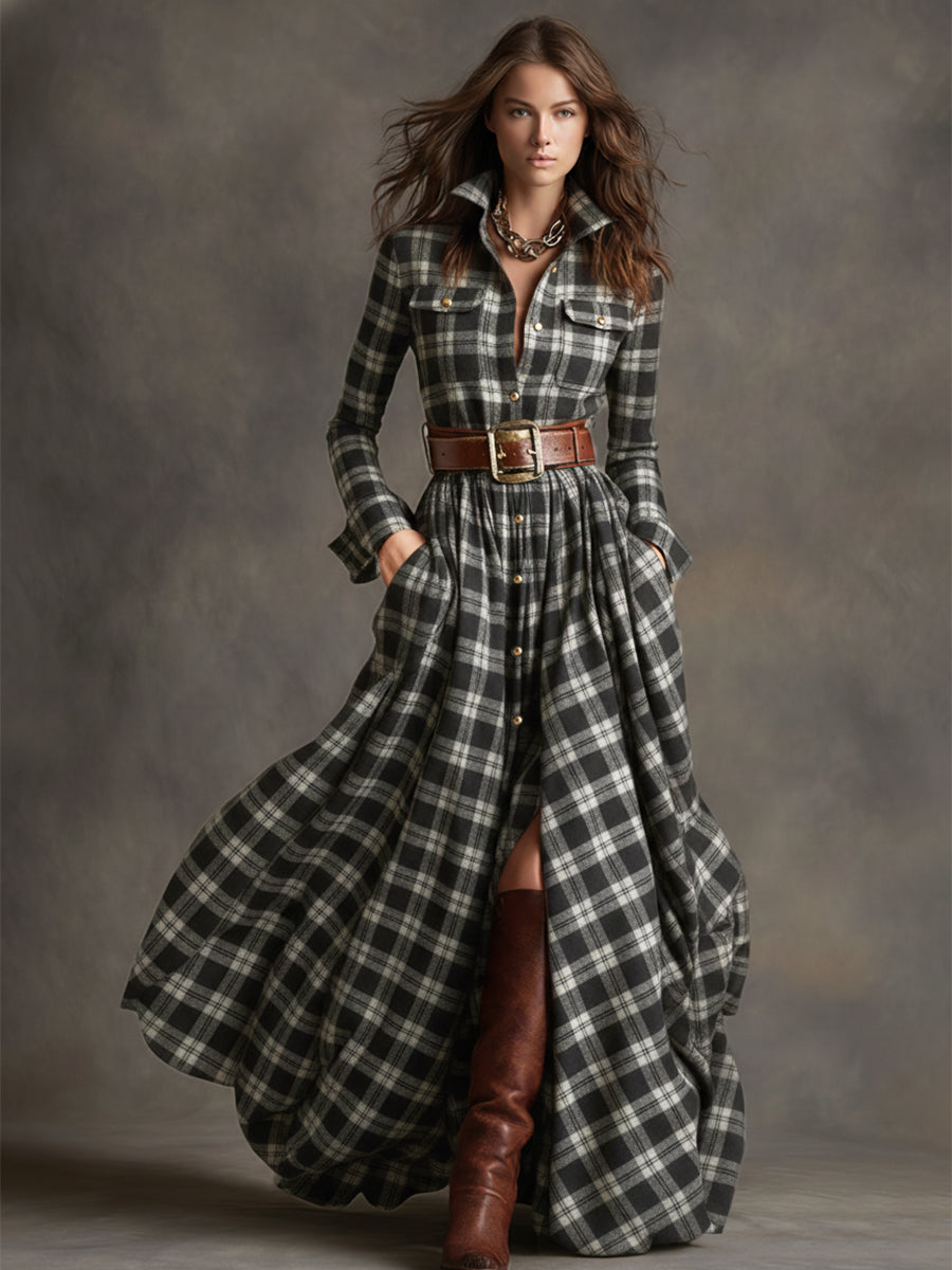 Damen Maxikleid mit Karomuster und Gürtel