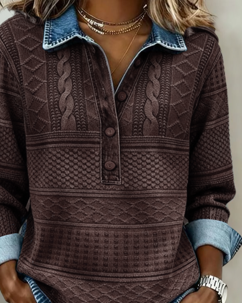 Damen Sweatshirt mit halber Knopfleiste und Kragen