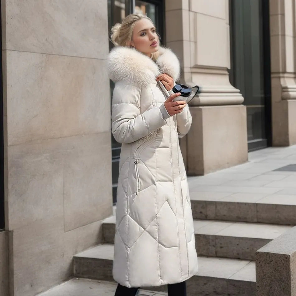 Damen langer Wintermantel mit Kapuze und Taschen