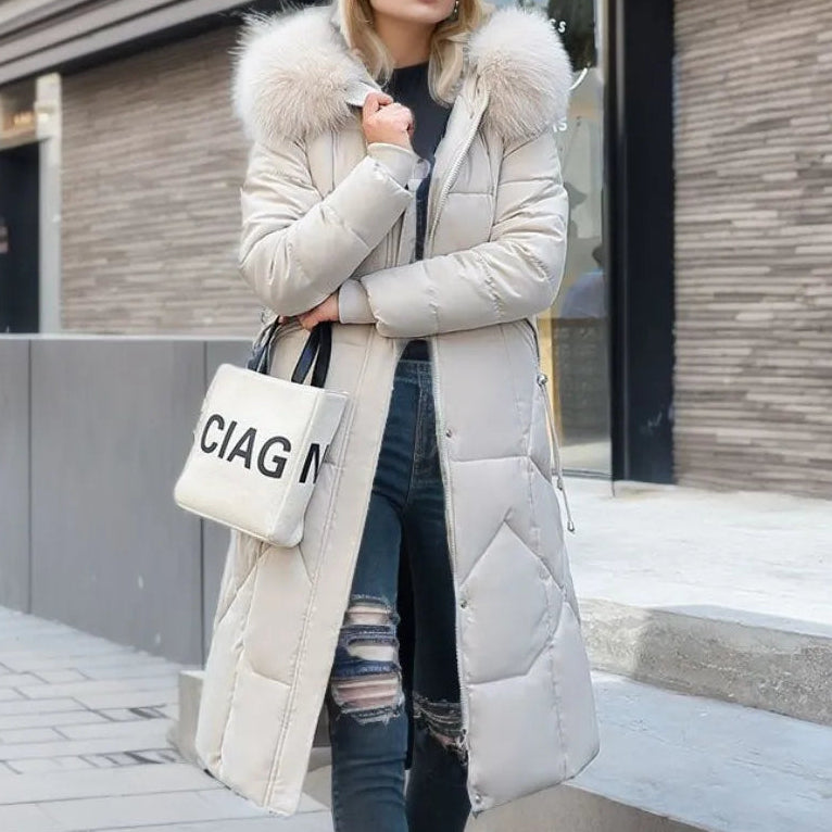 Damen langer Wintermantel mit Kapuze und Taschen