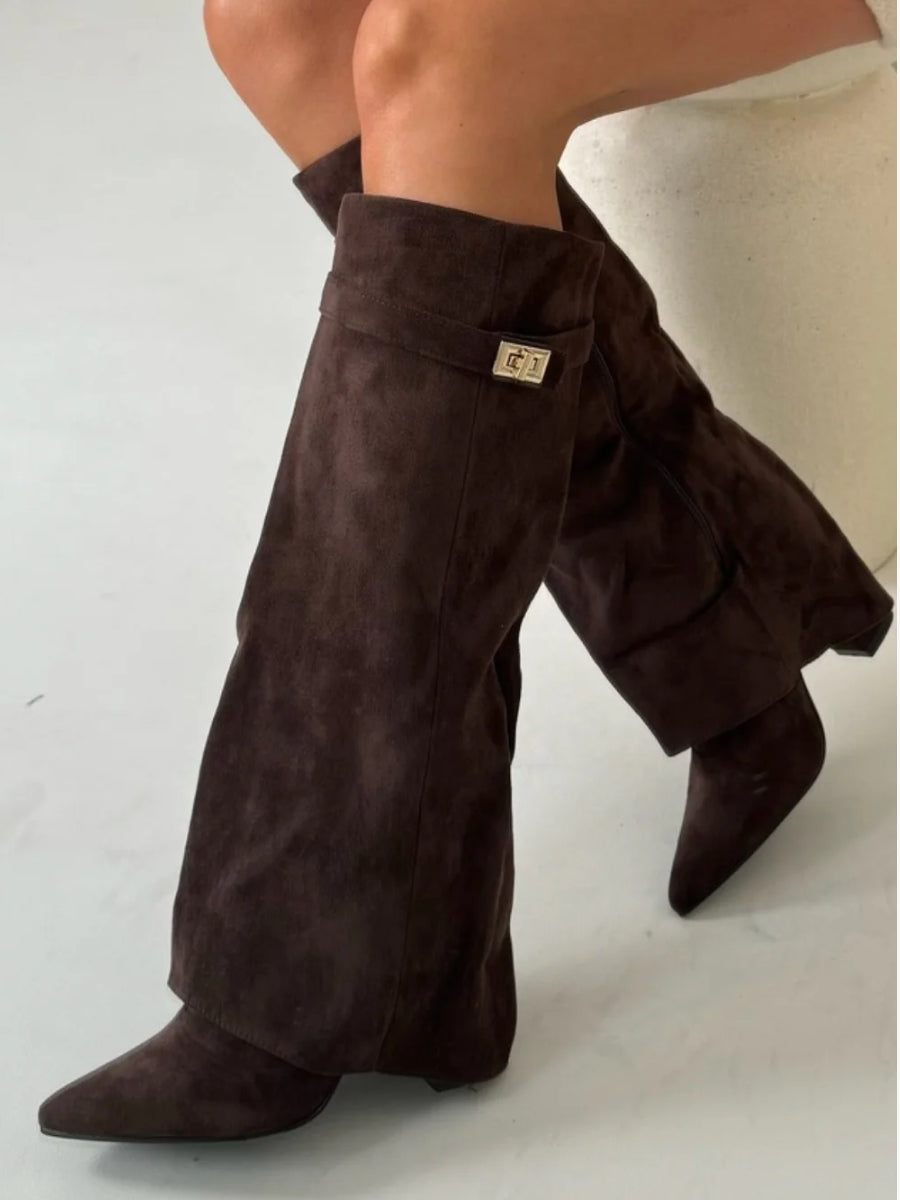 Damen Wildlederstiefel mit Goldverschluss