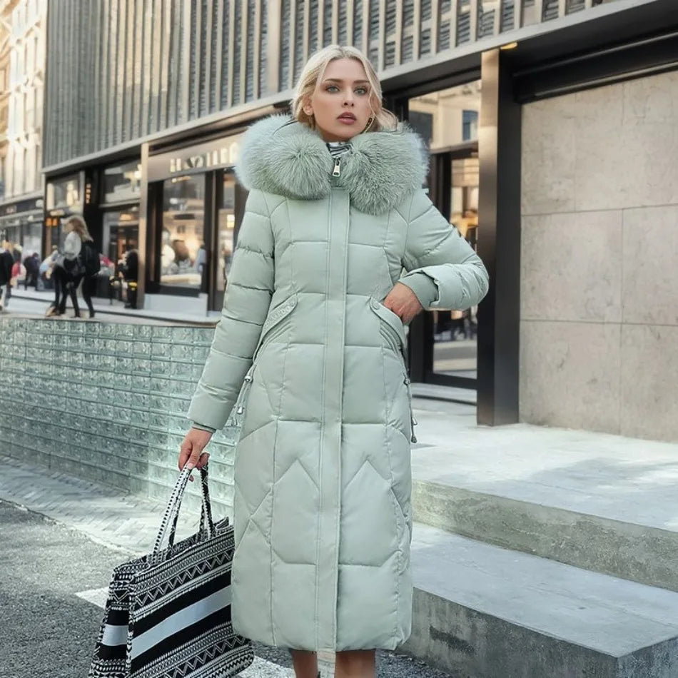 Damen langer Wintermantel mit Kapuze und Taschen