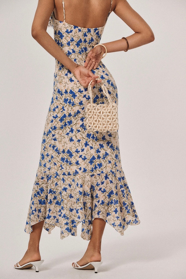 Damen Blumenprint Midikleid in Blau