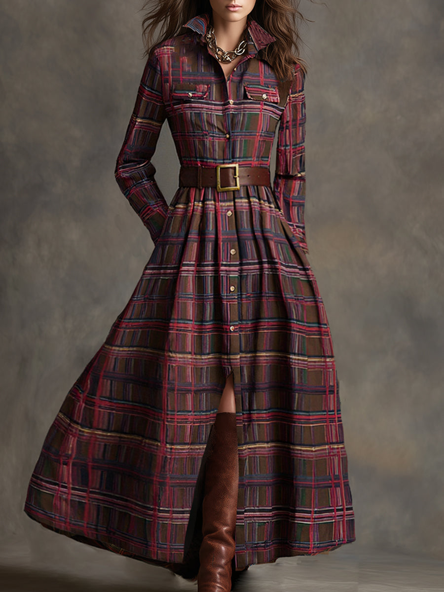 Damen Maxikleid mit Karomuster und Gürtel