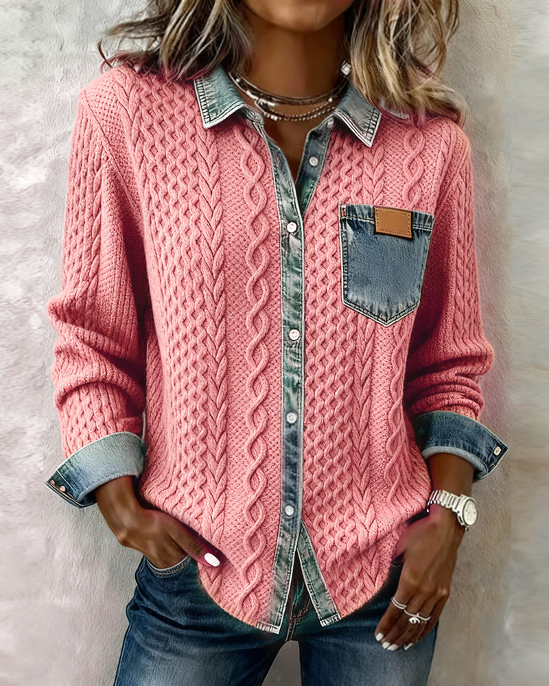 Damen Langarmhemd mit Denim-Patchwork
