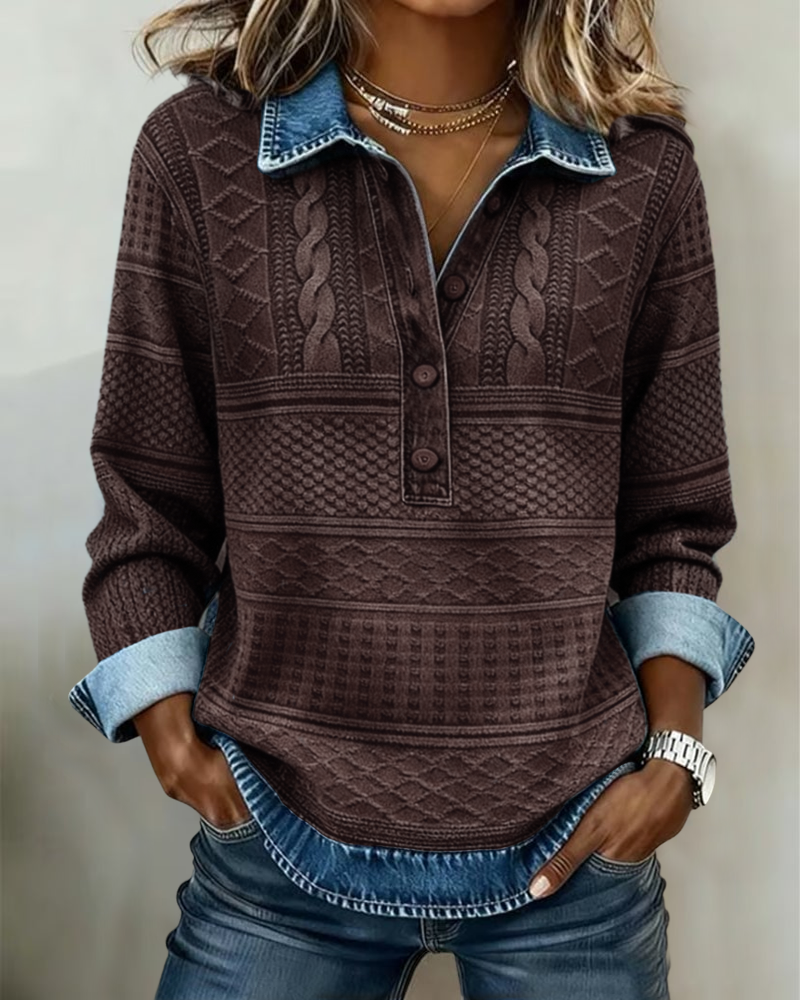 Damen Sweatshirt mit halber Knopfleiste und Kragen