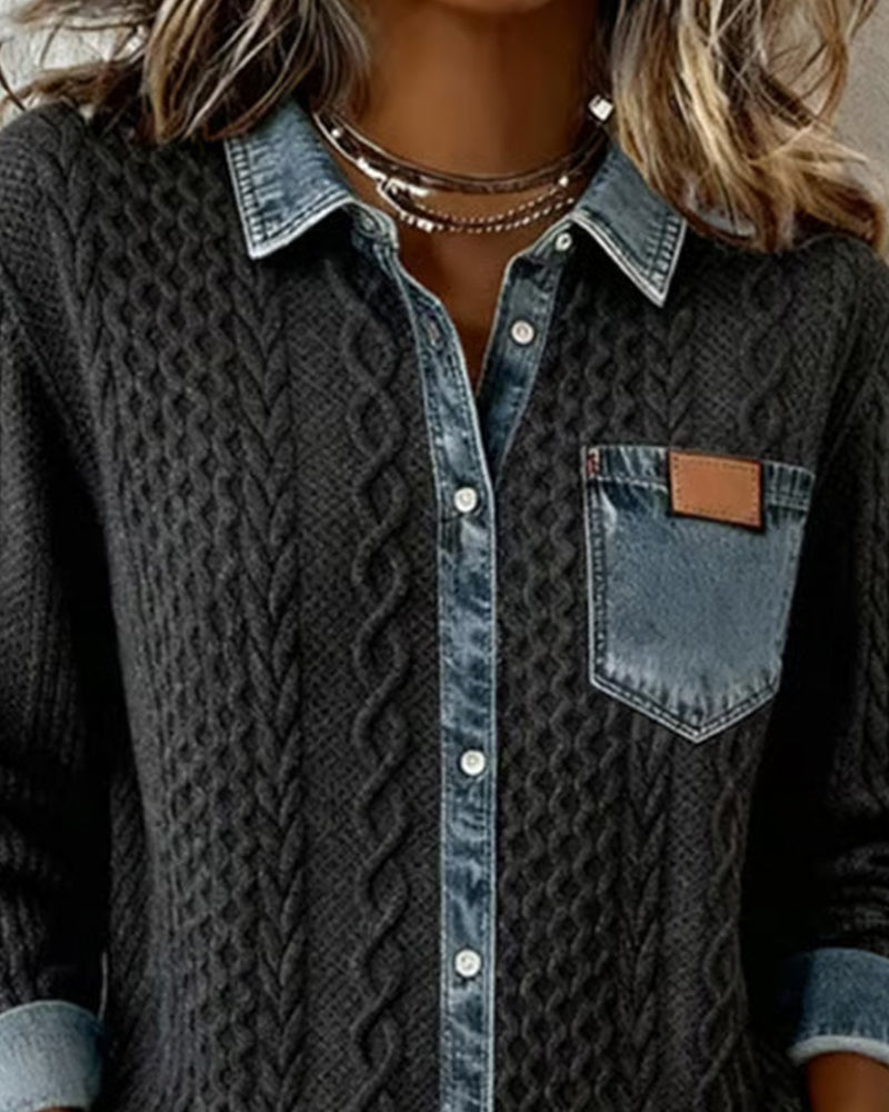 Damen Langarmhemd mit Denim-Patchwork