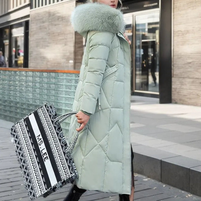 Damen langer Wintermantel mit Kapuze und Taschen