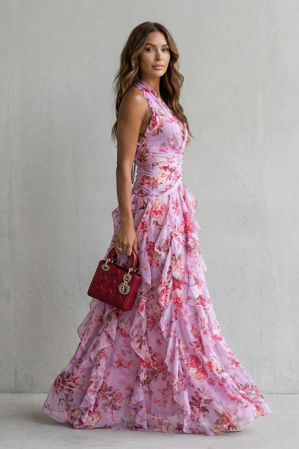 Damen Maxikleid mit Halter-Ausschnitt und Rosenprint