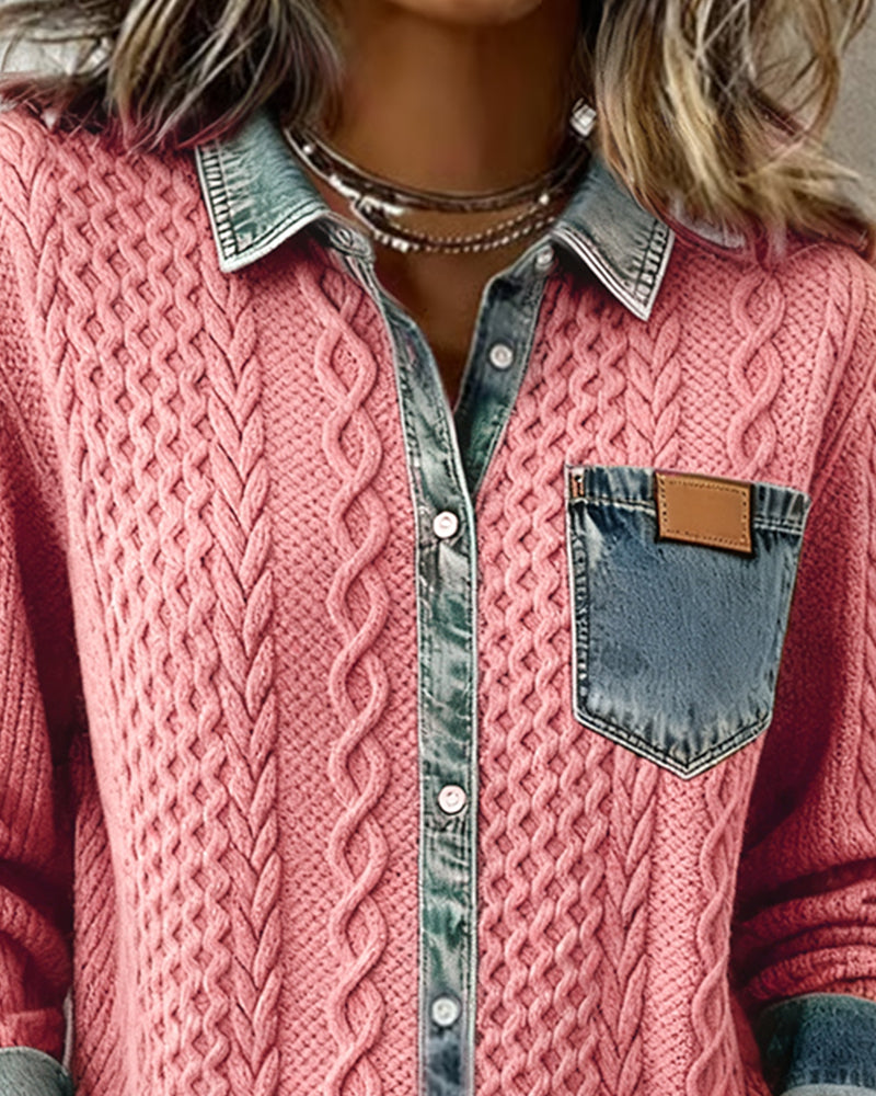 Damen Langarmhemd mit Denim-Patchwork