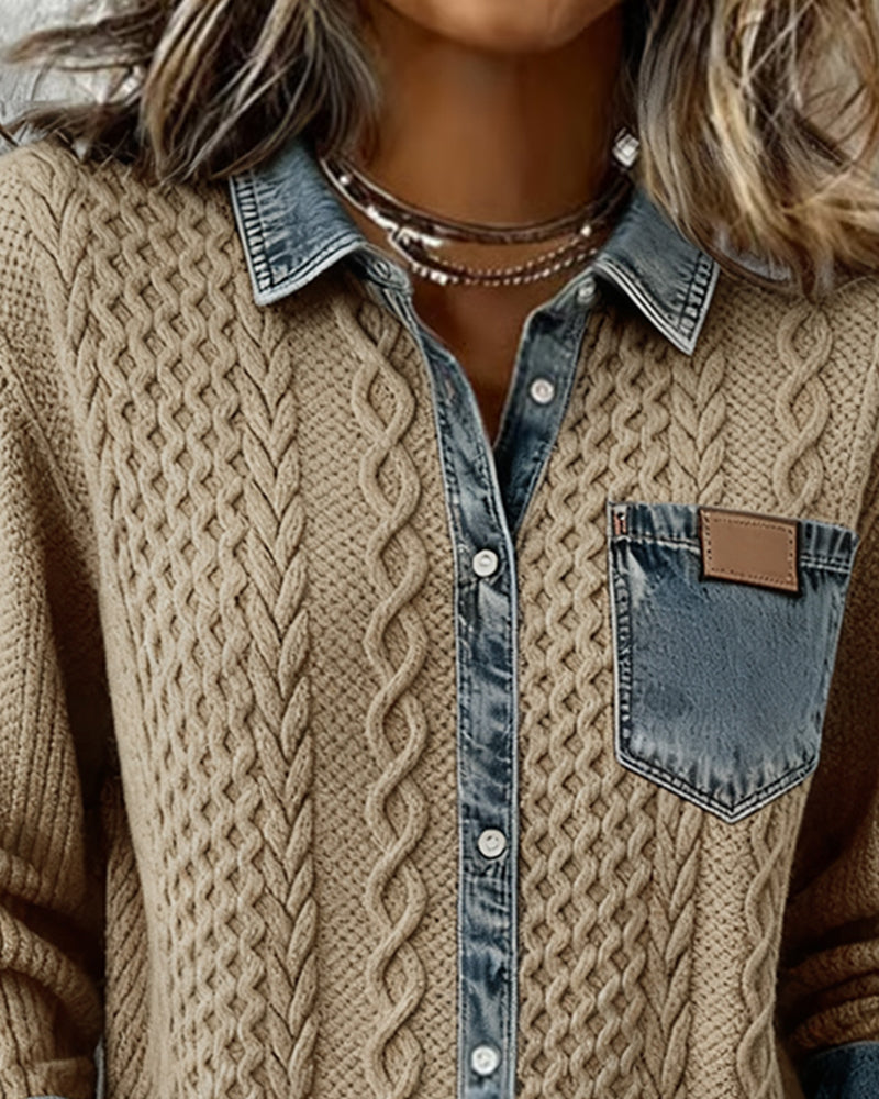 Damen Langarmhemd mit Denim-Patchwork