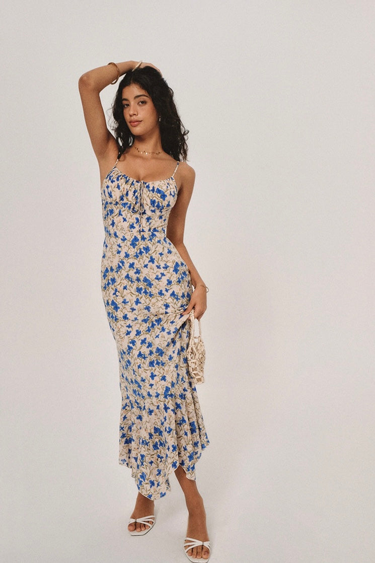 Damen Blumenprint Midikleid in Blau