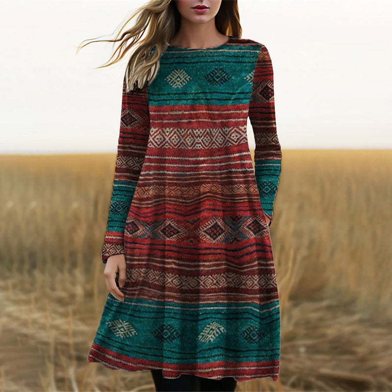 Damen Midikleid mit Ethno-Muster und langen Ärmeln