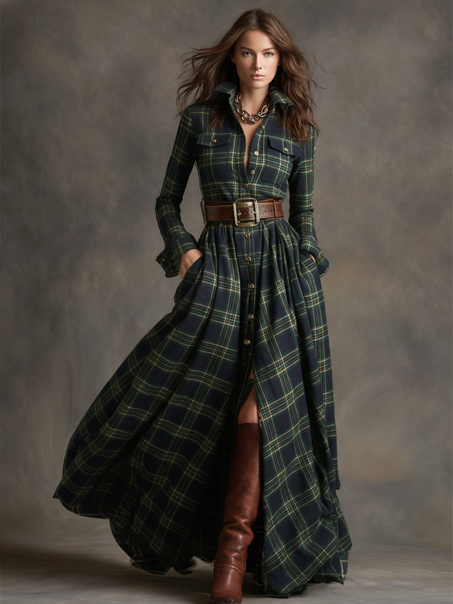 Damen Maxikleid mit Karomuster und Gürtel