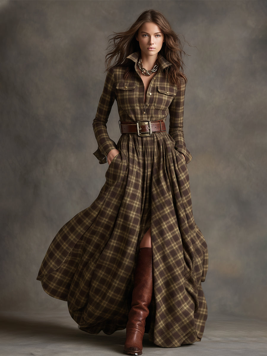 Damen Maxikleid mit Karomuster und Gürtel