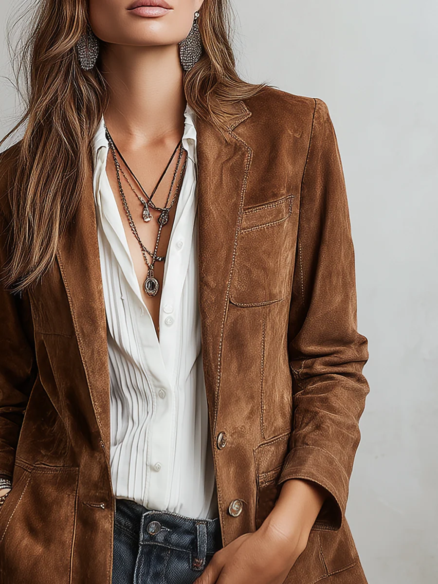 Damen Jacke im Wildleder-Look mit Knopfleiste braun