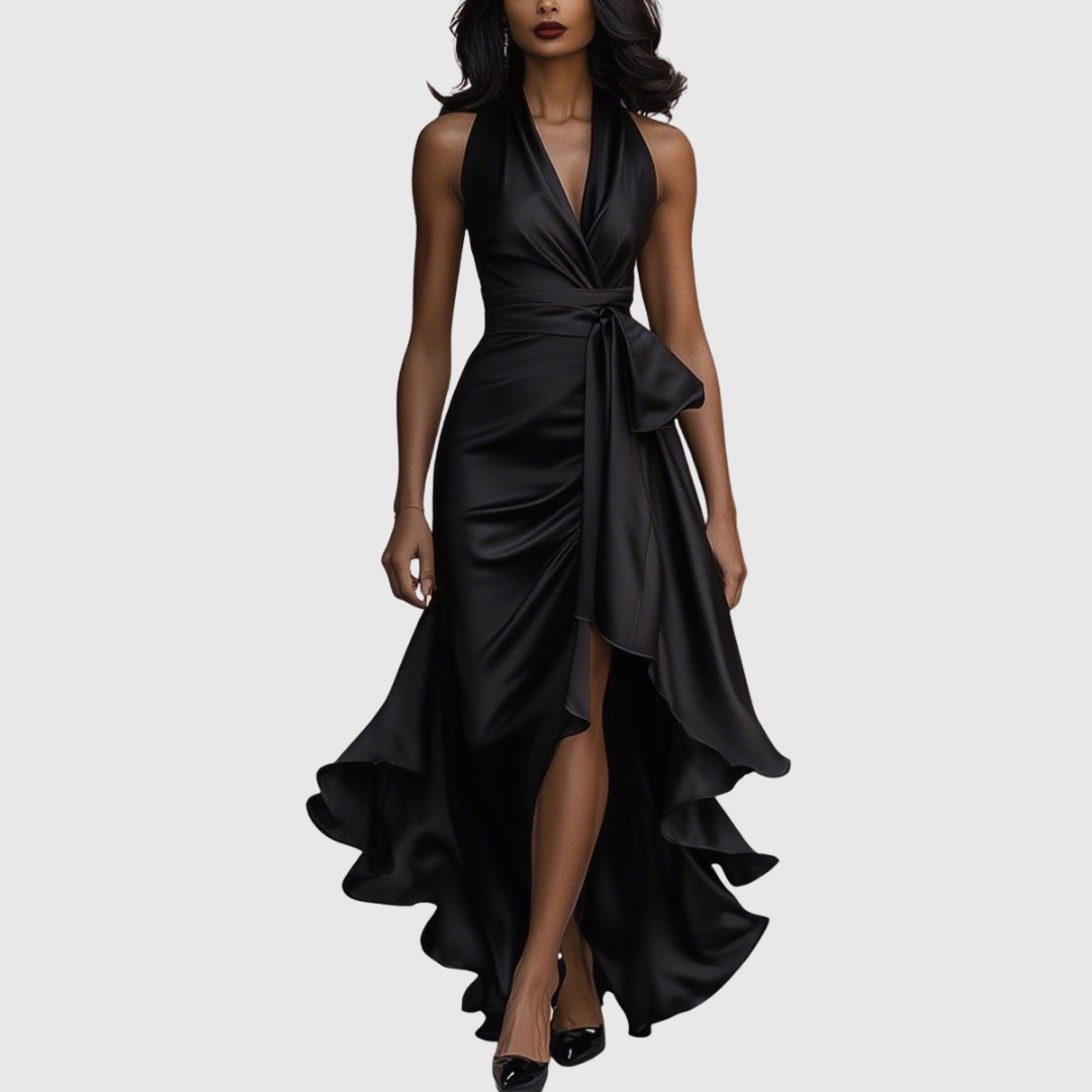 Damen Satin Wickel Maxikleid